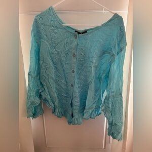 My Choice Womens Button Up Ruffle Asymmetric Boho Blouse One Size Blue Rayon New